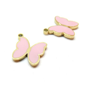 H11D03506G01 – Lot de 1 Pendentif Papillon Émaillé Rose 12mm – Acier Inoxydable 316L Doré 18K