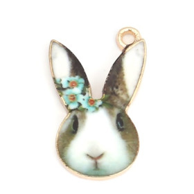 Pendentifs, sequins résine style émaillés, Lapin Girly sur une base en métal dore