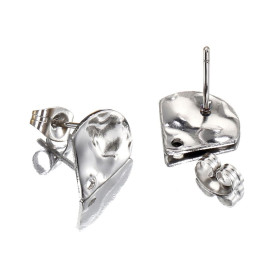 Boucles d'oreilles, Puce Eventail martelé 12mm, Acier Inoxydable 304, finition Argenté, avec embouts
