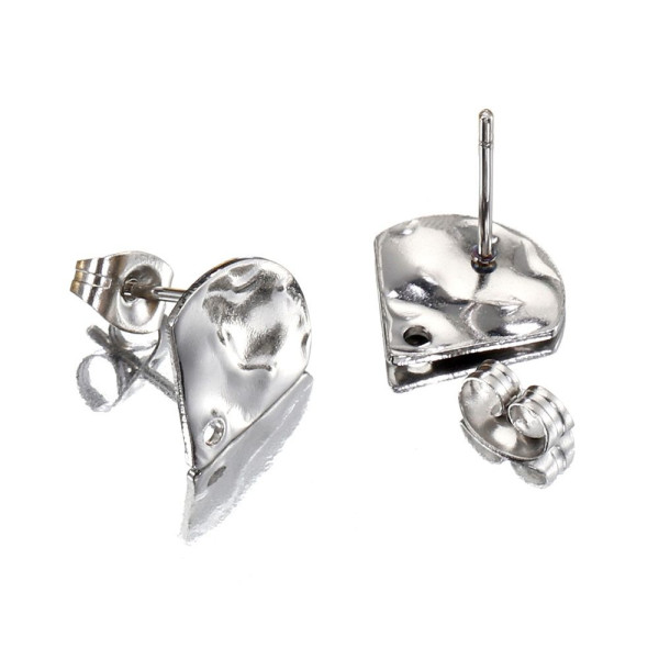 Boucles d'oreilles, Puce Eventail martelé 12mm, Acier Inoxydable 304, finition Argenté, avec embouts