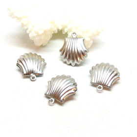 Pendentifs, Coquille Saint Jacques Biface 14 par 11mm,  Acier Inoxydable 304 finition Argent VIF