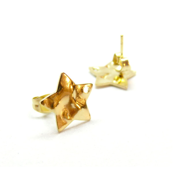Boucles d'oreilles, Puces Etoile martelé 12.5mm, Acier Inoxydable 304, finition Doré, avec embouts poussoirs