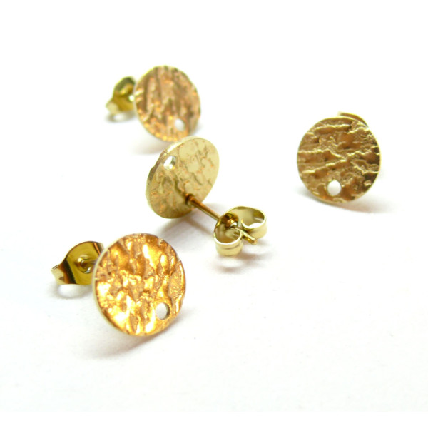 Boucles d'oreilles, Puces Rond Martelé 10mm avec trou, Acier Inoxydable, finition Doré placage Ionique avec embouts