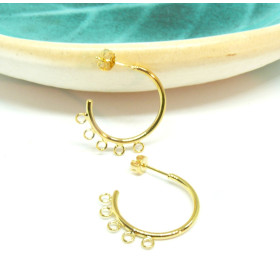 Boucles d'oreille Puces, Créoles avec 5 anneaux d'attache 25mm, Laiton finition Doré à l'or fin 18K