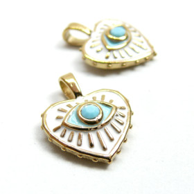 Pendentif, Coeur Grigri, Oeil de la protection 3D 17mm, Acier Inoxydable 304, finition Doré Placage IONIQUE