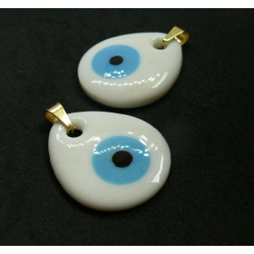 Pendentif Goutte, Grigri, Oeil de la protection 29mm en verre, Acier Inoxydable finition Doré