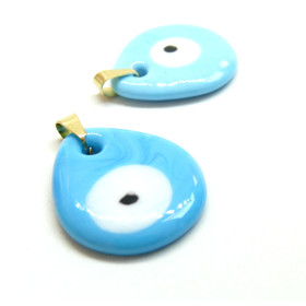 Pendentif Goutte, Grigri, Oeil de la protection 29mm en verre, Acier Inoxydable finition Doré