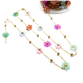 Chaine maille fine et fleurs de perles de verre, Acier Inoxydable 304, finition Doré