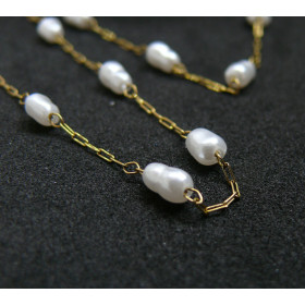 Chaine maille fine et perles nacrées, Acier Inoxydable 316 finition Doré à l'or fin 18K