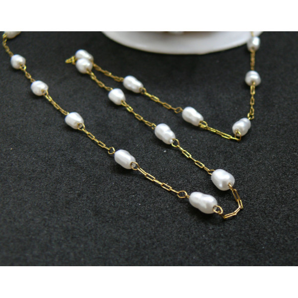 Chaine maille fine et perles nacrées, Acier Inoxydable 316 finition Doré à l'or fin 18K