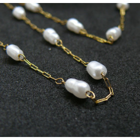 Chaine maille fine et perles nacrées, Acier Inoxydable 316 finition Doré à l'or fin 18K