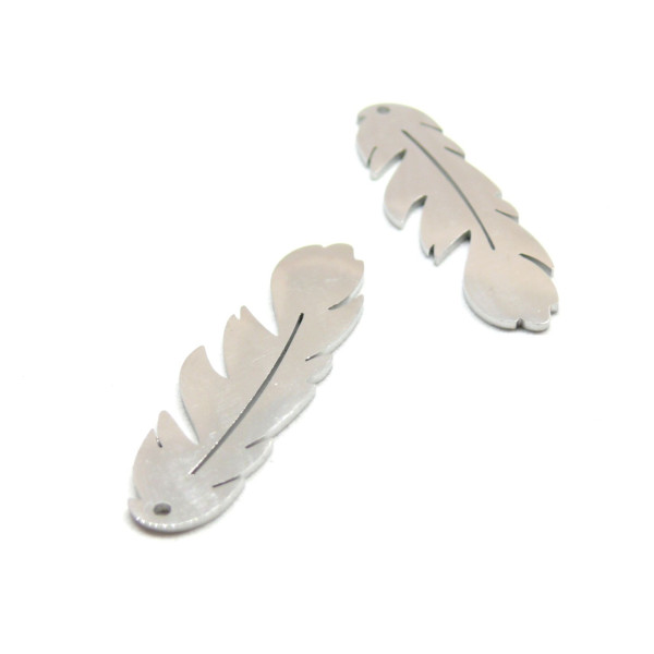 Pendentifs Plume 33mm, Acier Inoxydable 304, finition Argenté