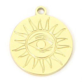 Pendentif, médaillon Soleil, Oeil de la protection 15mm, Acier Inoxydable 304, finition Doré