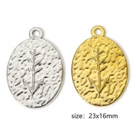Pendentif Ovale martelé avec plante 23mm,  Acier Inoxydable 304, finition Doré