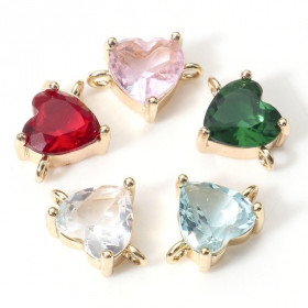 Connecteur avec Cœur en verre facetté Rouge 11mm en Cuivre finition Doré à l'or fin 18K