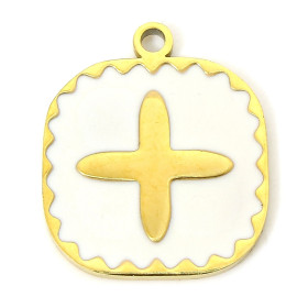 Pendentif Carré avec Croix 14mm, résine émaillée Blanc, Acier Inoxydable 316L, finition Doré à l'or fin 18K, Placage IONIQUE