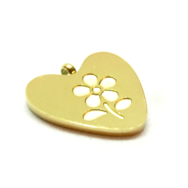 Pendentif Fleur dans Cœur 14mm, Acier Inoxydable 316L, finition Doré à l'or fin 18K, Placage IONIQUE