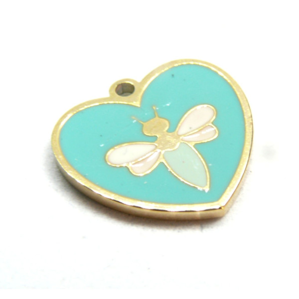 Pendentif Coeur et libellule en résine émaillé 14.5mm, Acier Inoxydable 304, finition Doré Placage IONIQUE