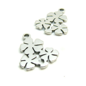 Pendentifs Triple Fleurs 14mm,  Acier Inoxydable 304, finition Argenté, pour création de bijoux