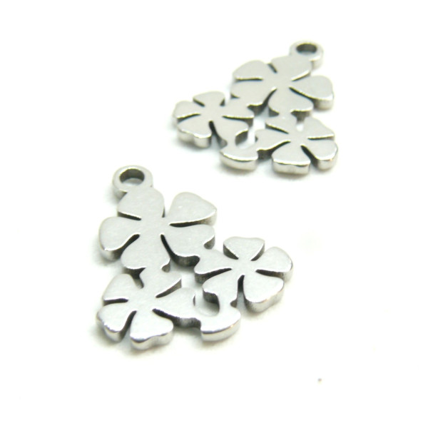Pendentifs Triple Fleurs 14mm,  Acier Inoxydable 304, finition Argenté, pour création de bijoux