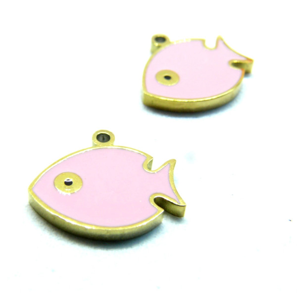 Pendentif Poisson 12mm, résine émaillée, Acier Inoxydable 316L, finition Doré à l'or fin 18K, Placage IONIQUE