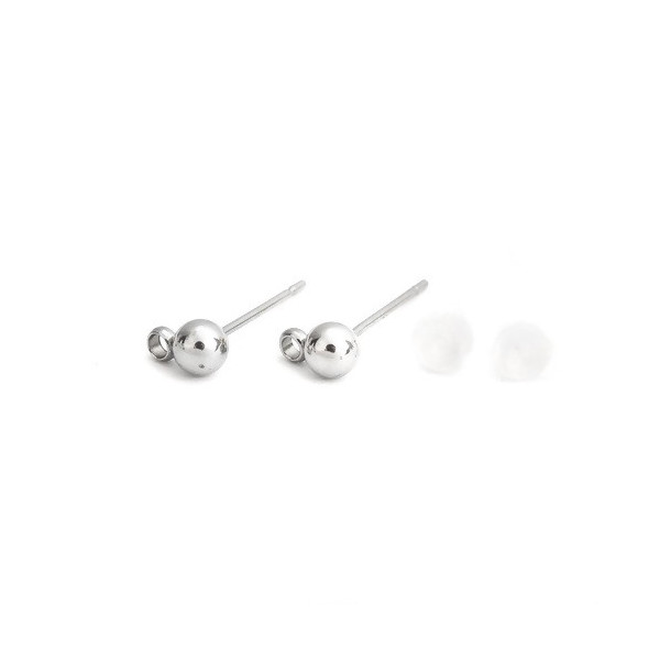 Boucles d'oreille Clou,  Puce Ronde 4mm, avec anneau d'attache, Acier Inoxydable 304, avec embouts