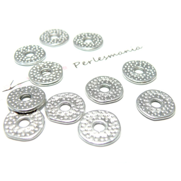 Perles plates, perles intercalaires martelées 12mm, métal finition Argent VIF