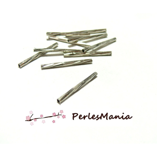 H1157S Pax 10 perles intercalaires TUBES FINS CISELES 25 par 2mm metal ARGENT PLATINE