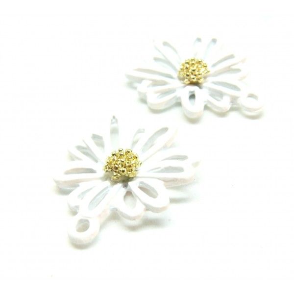 Pendentifs Fleur 20mm, Métal coloris Blanc avec pistil Doré