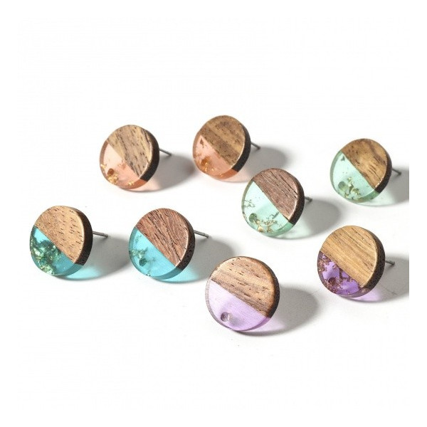 Supports de boucle d'oreille, Puce Bois et résine et inclusion de dorure avec attache 14mm et embouts plastique