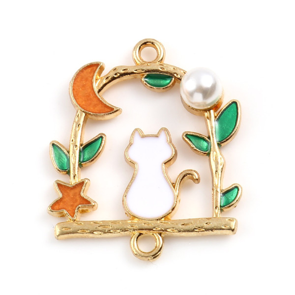 Pendentifs résine style émaillés Chat sur Perchoir 27mm sur une base en métal Doré