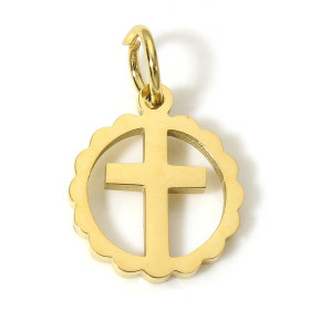 Pendentif, médaillon Croix 12mm avec anneau, Acier Inoxydable 304, finition Doré Placage IONIQUE