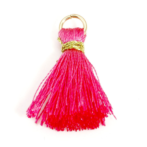 Pompons, breloque, passementière avec fil d'or et anneau 25mm, Rose Fuchsia