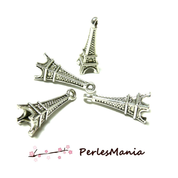 Pendentifs breloques Tour eiffel 25mm 3D, laiton finition Argent Antique
