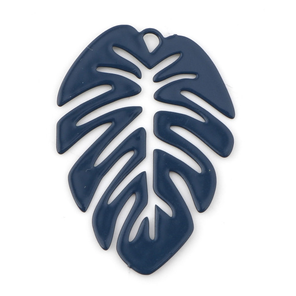 Estampes, pendentifs filigrane, Feuille Monstera Exotique 28 par 20mm, coloris Bleu Pétrole