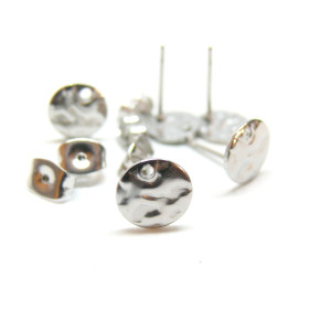 Boucles d'oreilles, Puce Ronde Martelée 10mm avec trou et embouts, Acier inoxydable 304 finition Argenté