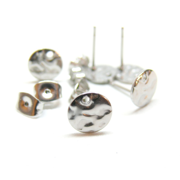 Boucles d'oreilles, Puce Ronde Martelée 10mm avec trou et embouts, Acier inoxydable 304 finition Argenté