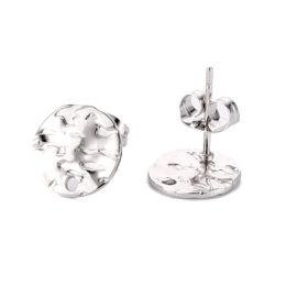Boucles d'oreilles, Puce Ronde Martelée 10mm avec trou et embouts, Acier inoxydable 304 finition Argenté