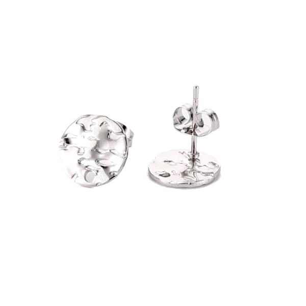 Boucles d'oreilles, Puce Ronde Martelée 10mm avec trou et embouts, Acier inoxydable 304 finition Argenté