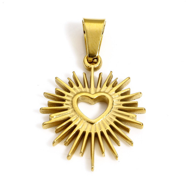 Pendentif Soleil avec Coeur 18 mm, avec bélière, Acier Inoxydable 304, finition Doré Placage IONIQUE