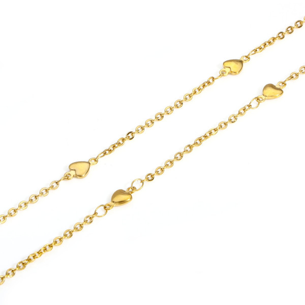 Collier Princesse avec Cœurs 42.5  cm, maille fine 2 mm,   Acier Inoxydable 304 Placage Doré