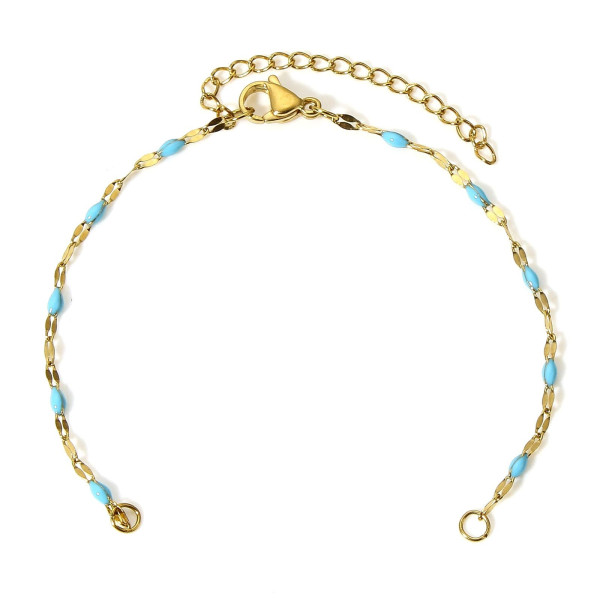 Bracelet Ajustable avec chaîne d'extension, Maille fantaisie 2.5mm avec résine émaillée Turquoise, Acier Inoxydable 304 Doré