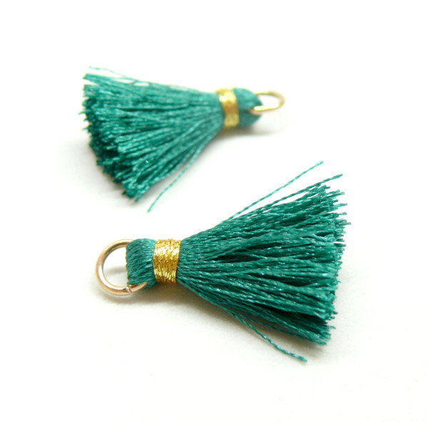 Pompons, breloque, passementière avec fil d'or et anneau 25mm, Vert Emeraude