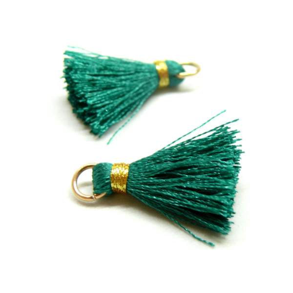 Pompons, breloque, passementière avec fil d'or et anneau 25mm, Vert Emeraude