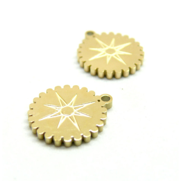 Pendentifs, Médaillon avec Etoile 12 mm, Acier Inoxydable 304, finition Doré Placage IONIQUE