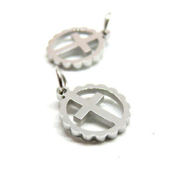 Pendentifs, médaillon Croix 12mm avec anneau, Acier Inoxydable 304, finition Argenté