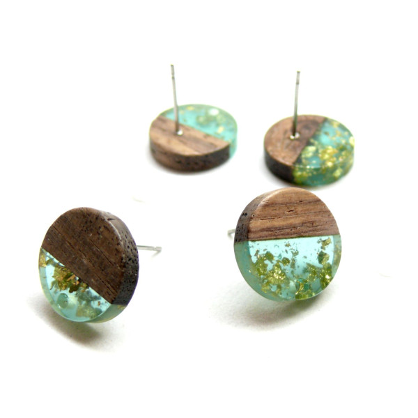 Supports de boucle d'oreille, Puce Bois et résine et inclusion de dorure avec attache 14mm et embouts plastique