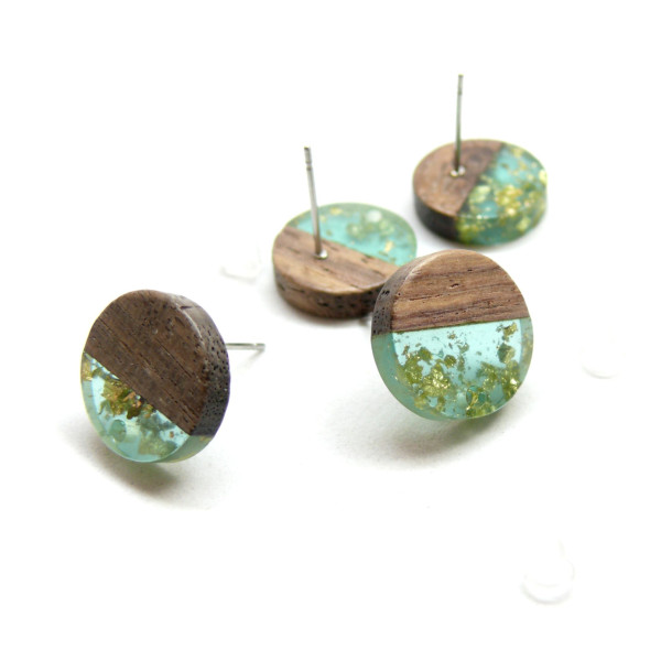 Supports de boucle d'oreille, Puce Bois et résine et inclusion de dorure avec attache 14mm et embouts plastique