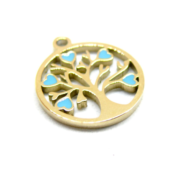 Pendentif arbre à cœur 15mm,  résine émaillé BLEU, Acier Inoxydable 304, finition Doré IONIQUE