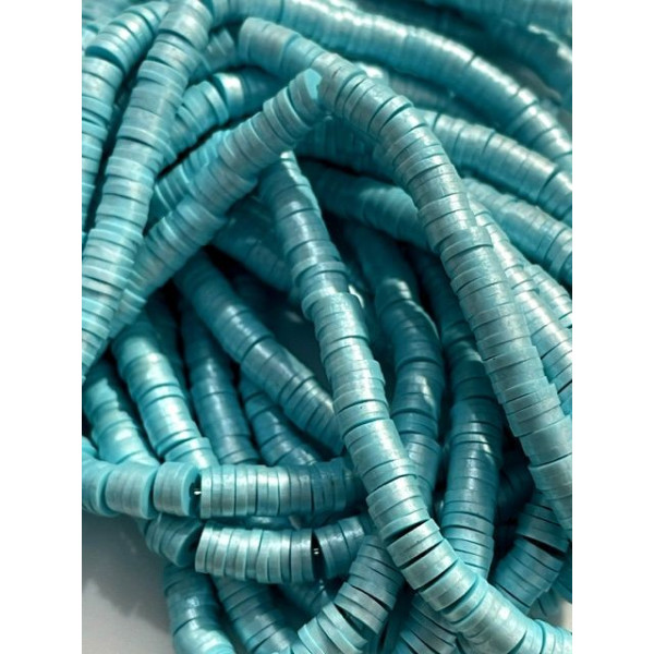 Perles rondelles, Heishi effet Nacrées en pâte polymère 6 par 1mm, couleur 01H Bleu Ciel